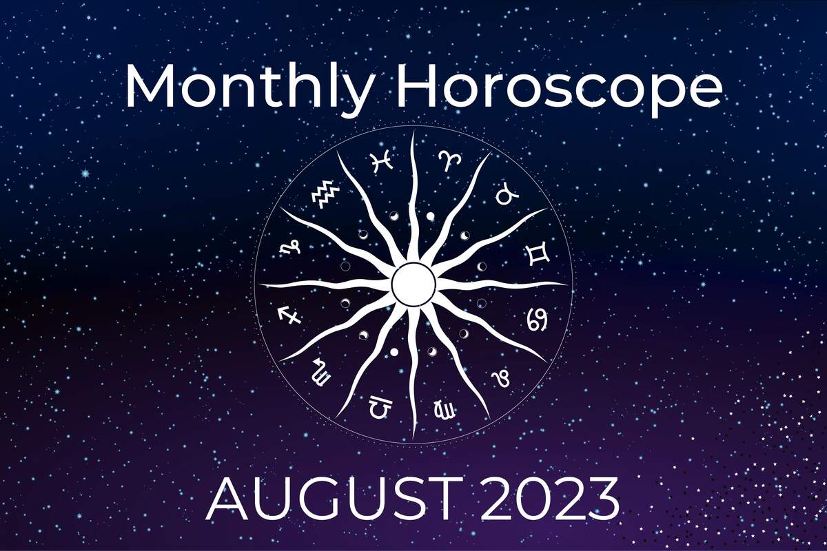 Zodiacal Wheel On A Blue And Purple Starry Background And The Letters Monthly Horoscope August 2023 64a6c7f6055c7 